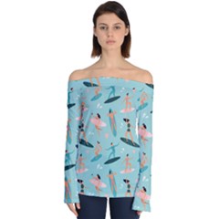 Beach-surfing-surfers-with-surfboards-surfer-rides-wave-summer-outdoors-surfboards-seamless-pattern- Off Shoulder Long Sleeve Top by Salman4z