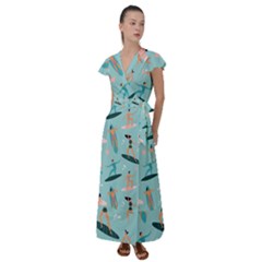Beach-surfing-surfers-with-surfboards-surfer-rides-wave-summer-outdoors-surfboards-seamless-pattern- Flutter Sleeve Maxi Dress by Salman4z