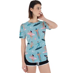 Beach-surfing-surfers-with-surfboards-surfer-rides-wave-summer-outdoors-surfboards-seamless-pattern- Perpetual Short Sleeve T-shirt by Salman4z