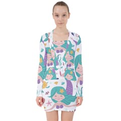 Set-cute-mermaid-seaweeds-marine-inhabitants V-neck Bodycon Long Sleeve Dress by Salman4z