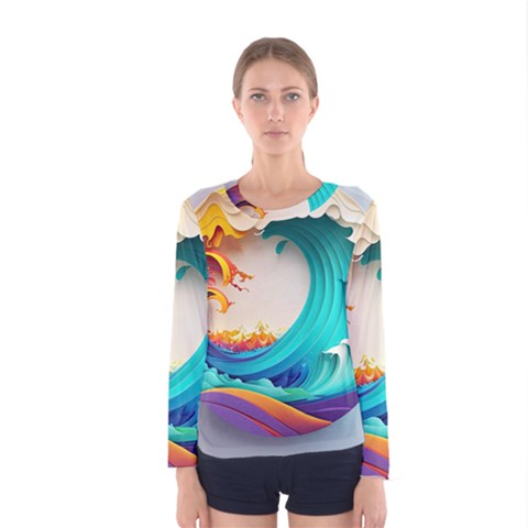Tsunami Tidal Wave Waves Minimalist Ocean Sea Women s Long Sleeve Tee by Ravend
