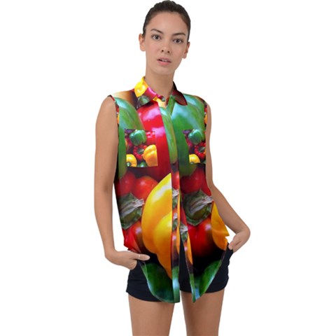 Colorful Capsicum Sleeveless Chiffon Button Shirt by Sparkle