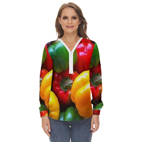 Colorful Capsicum Zip Up Long Sleeve Blouse by Sparkle
