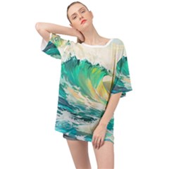Waves Ocean Sea Tsunami Nautical Painting Oversized Chiffon Top by Ravend