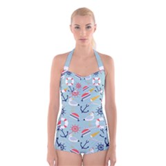Nautical-marine-symbols-seamless-pattern Boyleg Halter Swimsuit  by Salman4z