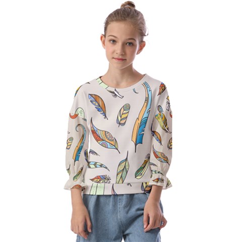 Vector-boho-doodle-feathers-seamless-pattern-illustration Kids  Cuff Sleeve Top by Salman4z