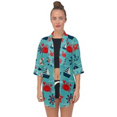 Seamless-pattern-nautical-icons-cartoon-style Open Front Chiffon Kimono by Salman4z