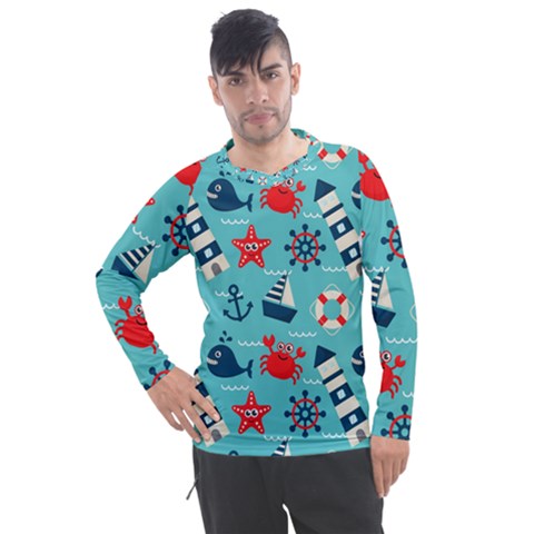 Seamless-pattern-nautical-icons-cartoon-style Men s Pique Long Sleeve Tee by Salman4z