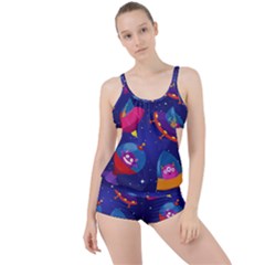 Cartoon-funny-aliens-with-ufo-duck-starry-sky-set Boyleg Tankini Set  by Salman4z