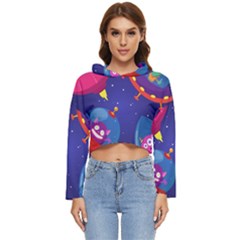 Cartoon-funny-aliens-with-ufo-duck-starry-sky-set Women s Lightweight Cropped Hoodie by Salman4z