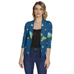 Seamless-pattern-ufo-with-star-space-galaxy-background Women s Draped Front 3/4 Sleeve Shawl Collar Jacket by Salman4z