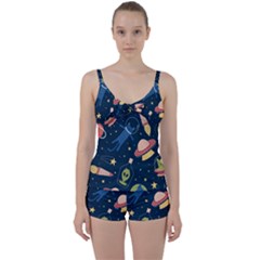 Seamless-pattern-with-funny-aliens-cat-galaxy Tie Front Two Piece Tankini by Salman4z