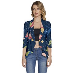 Seamless-pattern-with-funny-aliens-cat-galaxy Women s 3/4 Sleeve Ruffle Edge Open Front Jacket by Salman4z
