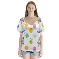 Seamless-pattern-cartoon-space-planets-isolated-white-background V-neck Flutter Sleeve Top by Salman4z