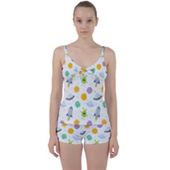 Seamless-pattern-cartoon-space-planets-isolated-white-background Tie Front Two Piece Tankini by Salman4z