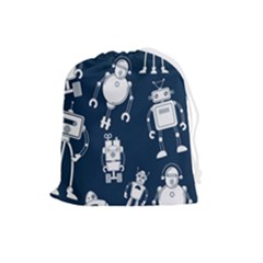 White-robot-blue-seamless-pattern Drawstring Pouch (large) by Salman4z