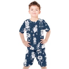 White-robot-blue-seamless-pattern Kids  Tee And Shorts Set by Salman4z