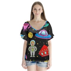 Seamless-pattern-with-space-objects-ufo-rockets-aliens-hand-drawn-elements-space V-neck Flutter Sleeve Top by Salman4z