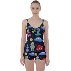 Seamless-pattern-with-space-objects-ufo-rockets-aliens-hand-drawn-elements-space Tie Front Two Piece Tankini by Salman4z