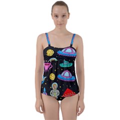 Seamless-pattern-with-space-objects-ufo-rockets-aliens-hand-drawn-elements-space Twist Front Tankini Set by Salman4z