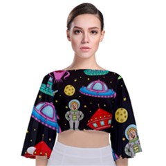Seamless-pattern-with-space-objects-ufo-rockets-aliens-hand-drawn-elements-space Tie Back Butterfly Sleeve Chiffon Top by Salman4z