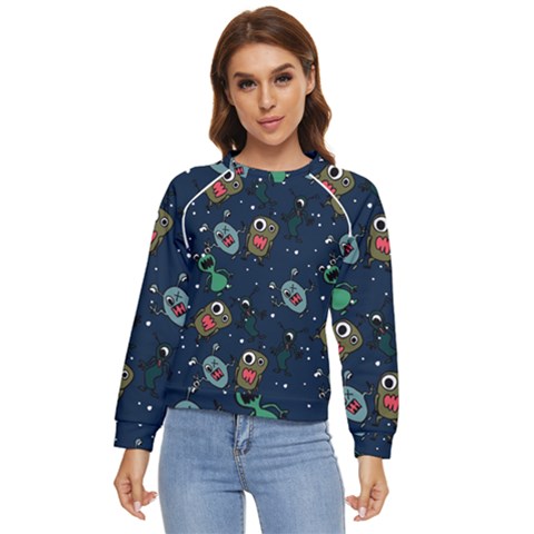 Monster-alien-pattern-seamless-background Women s Long Sleeve Raglan Tee by Salman4z