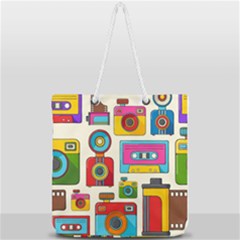 Retro-cameras-audio-cassettes-hand-drawn-pop-art-style-seamless-pattern Full Print Rope Handle Tote (large) by Salman4z