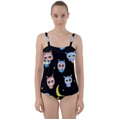 Cute-owl-doodles-with-moon-star-seamless-pattern Twist Front Tankini Set by Salman4z