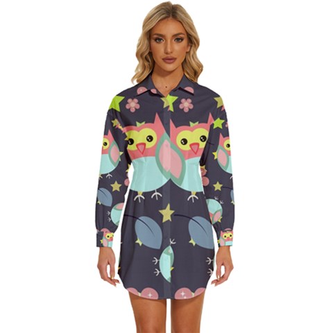 Owl-stars-pattern-background Womens Long Sleeve Shirt Dress by Salman4z