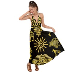 Maya-style-gold-linear-totem-icons Backless Maxi Beach Dress by Salman4z
