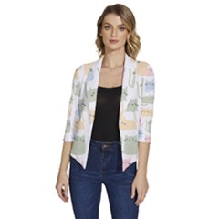 Cute-cat-colorful-cartoon-doodle-seamless-pattern Women s Draped Front 3/4 Sleeve Shawl Collar Jacket by Salman4z