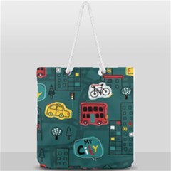 Seamless-pattern-hand-drawn-with-vehicles-buildings-road Full Print Rope Handle Tote (large) by Salman4z