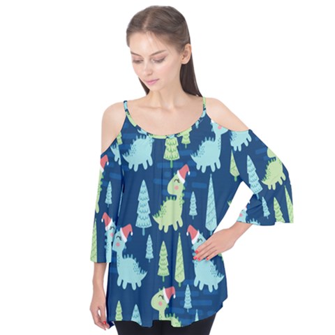 Cute Dinosaurs Animal Seamless Pattern Doodle Dino Winter Theme Flutter Sleeve Tee  by pakminggu