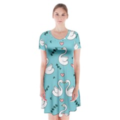 Elegant Swan Pattern Design Short Sleeve V-neck Flare Dress by pakminggu