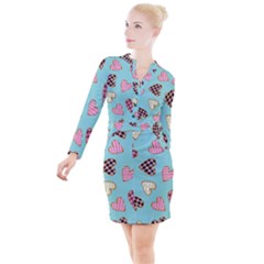Seamless Pattern With Heart Shaped Cookies With Sugar Icing Button Long Sleeve Dress by pakminggu