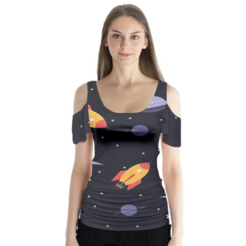 Cosmos Rockets Spaceships Ufos Butterfly Sleeve Cutout Tee  by pakminggu