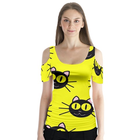Cats Heads Pattern Design Butterfly Sleeve Cutout Tee  by pakminggu