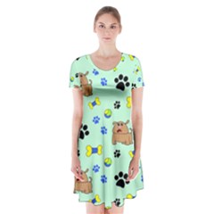 Dog Pattern Seamless Blue Background Scrapbooking Short Sleeve V-neck Flare Dress by pakminggu