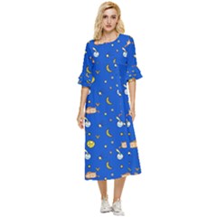 Cat Animals Sleep Stars Seamless Background Double Cuff Midi Dress by pakminggu