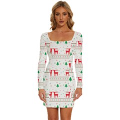Red Green And Blue Christmas Themed Illustration Long Sleeve Square Neck Bodycon Velvet Dress by pakminggu