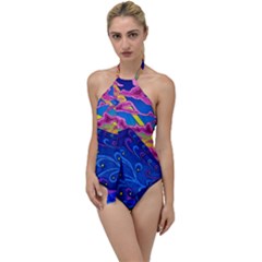 Psychedelic Colorful Lines Nature Mountain Trees Snowy Peak Moon Sun Rays Hill Road Artwork Stars Go With The Flow One Piece Swimsuit by pakminggu