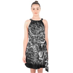 Lion Furious Abstract Desing Furious Halter Collar Waist Tie Chiffon Dress by Mog4mog4
