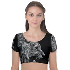 Roar Angry Male Lion Black Velvet Short Sleeve Crop Top  by Mog4mog4