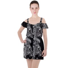 Roar Angry Male Lion Black Ruffle Cut Out Chiffon Playsuit by Mog4mog4