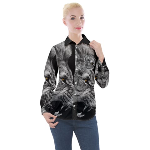 Roar Angry Male Lion Black Women s Long Sleeve Pocket Shirt by Mog4mog4