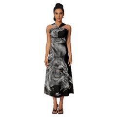 Roar Angry Male Lion Black Sleeveless Cross Front Cocktail Midi Chiffon Dress by Mog4mog4