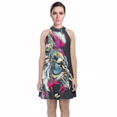Angry Male Lion Roar Velvet Halter Neckline Dress  by Mog4mog4