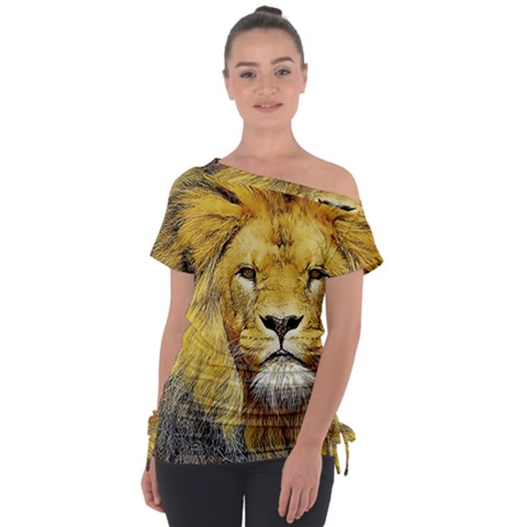 Lion Lioness Wildlife Hunter Off Shoulder Tie-up Tee by Mog4mog4