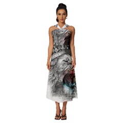 Lion King Head Sleeveless Cross Front Cocktail Midi Chiffon Dress by Mog4mog4