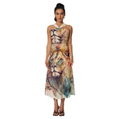Lion Africa African Art Sleeveless Cross Front Cocktail Midi Chiffon Dress by Mog4mog4